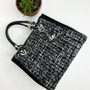 Michael Kors Black Tweed Leather Tote Crossbody Bag